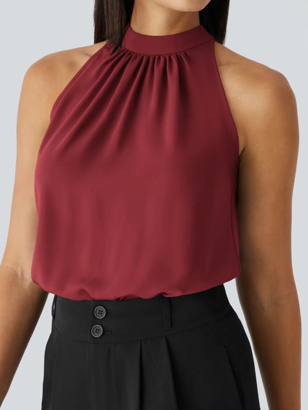 HALARA Keyhole Back Halter Sleeveless Curved Hem Work Blouse